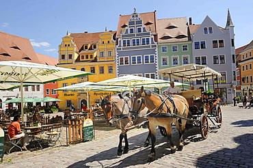 Market square with a horse-drawn carriage in the historic district of Meissen, Saxony, Germany, Europe