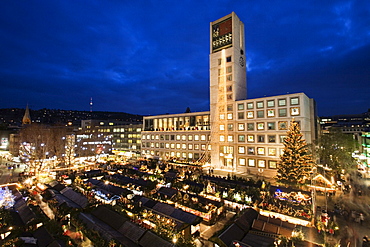 Christmas markets at the market place with City Hall, Stuttgart, Baden-Wuerttemberg, Germany, Europe