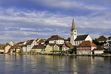 View over the Rhine to the medieval city of Diessenhofen, canton Thurgau, Switzerland, Europe