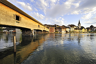 The historic wooden bridge over the Rhine was opened in 1816 and connects the German municipality of Gailingen and the Swiss municipality of Diessenhofen, district of Konstanz, Baden-Wuerttemberg, Germany, Europe