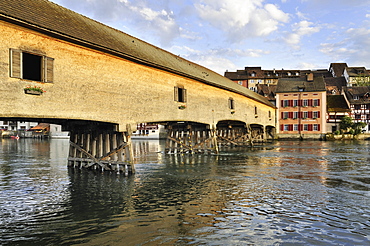 The historic wooden bridge over the Rhine was opened in 1816 and connects the German municipality of Gailingen and the Swiss municipality of Diessenhofen, district of Konstanz, Baden-Wuerttemberg, Germany, Europe