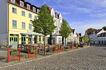 Row of houses at the market square, town center of Bergen on Ruegen Island, Ruegen Island, Mecklenburg-Western Pomerania, Germany, Europe