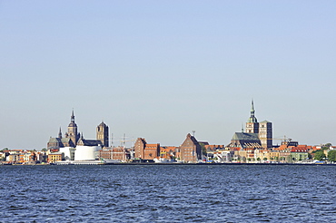 View from Ruegen island over the Strelasund sound on the skyline of the Hanseatic city of Stralsund, Mecklenburg-Western Pomerania, Germany, Europe