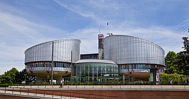 View of the European Court of Human Rights with its two cylindrical buildings of the courtrooms, Strasbourg, France, Europe