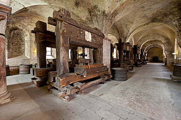 Old wine presses in Kloster Eberbach Abbey, Eltville am Rhein, Rheingau, Hesse, Germany, Europe