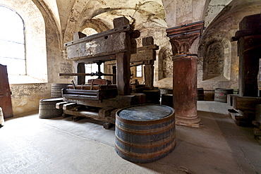 Old wine presses in Kloster Eberbach Abbey, Eltville am Rhein, Rheingau, Hesse, Germany, Europe