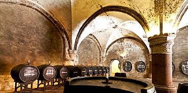 Wine cellar at the Kloster Eberbach Abbey, Eltville am Rhein, Rheingau, Hesse, Germany, Europe