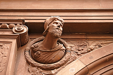 Male figure on the entrance gate, detail, old town hall, 1570-72, Markt 1, Schweinfurt, Lower Franconia, Bavaria, Germany, Europe