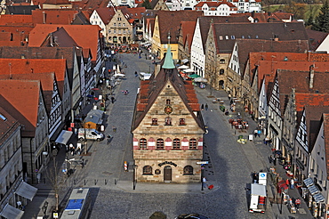 View from the tower of the Johanniskirche church on the market square with the old town hall, market place, Lauf an der Pegnitz, Middle Franconia, Bavaria, Germany, in Europe