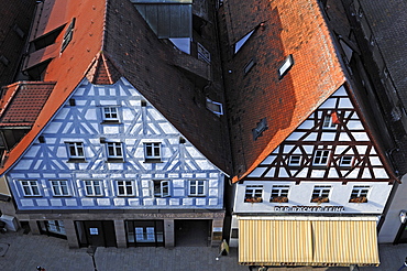 View from the tower of the Johanniskirche church on two old Franconian half-timbered houses, market place, Lauf an der Pegnitz, Middle Franconia, Bavaria, Germany, in Europe