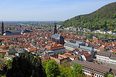 View from the castle over Heidelberg, left the Jesuit Church, right, the Holy Ghost Church and the Neckar River, Schlosshof, Heidelberg, Baden-Wuerttemberg, Germany, Europe