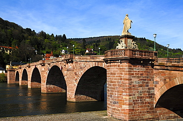 Alte Bruecke bridge, on the right sculpture of Elector Karl Theodor by sculptor Franz Conrad Linck, 1788, Obere Neckarstrasse 2, Heidelberg, Baden-Wuerttemberg, Germany, Europe