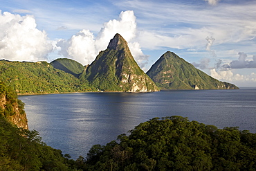 Piton Mountains, bay, rainforest, clouds, UNESCO World Heritage Site, Soufriere, Saint Lucia, LCA, Windward Islands, Lesser Antilles, Caribbean, Caribbean Sea