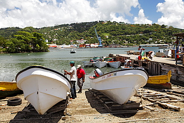 Fishing port with fishing boats and fishermen, Castries, the capital city, Saint Lucia, LCA, Windward Islands, Lesser Antilles, Caribbean, Caribbean Sea