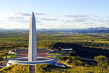 View from the Heroes Acre, heroes' field, memorial with marble obelisk to the heroes of the independence wars, over the Khomas plateau to the capital, Windhoek, Namibia, Africa