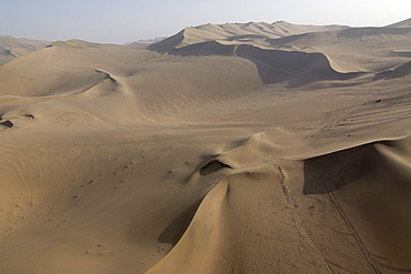 Aerial view of sand dunes with caravan route in the Gobi desert, silk road, Dunhuang, Gansu, China, Asia