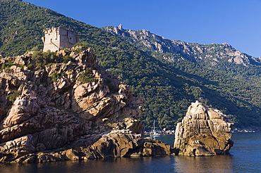 Genoese watchtower, rocky coast of Porto, Gulf of Porto, Corsica, France, Europe