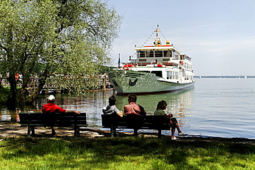 Ferry boat at the pier, Herreninsel island, lake Chiemsee, Chiemgau, Upper Bavaria, Germany, Europe