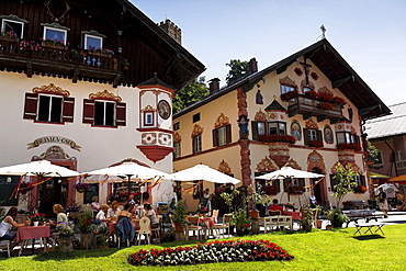 Blumen Cafe, traditional architecture of Markt Neubeuern, Upper Bavaria, Germany, Europe