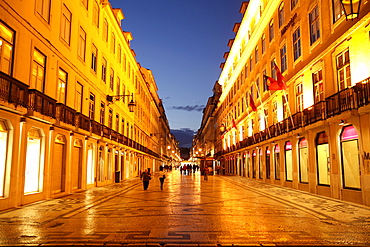 Pedestrian zone at night, Baixa, Lisbon, Portugal, Europe