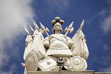 Armor, helmet and shield on a building on the Praca do Comercio square, Lisbon, Portugal, Europe