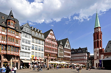 Half-timbered houses on Roemerbergsquare and Nikolaikirche church, Frankfurt am Main, Hesse, Germany, Europe