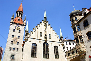 Late Gothic architecture, Old Town Hall and Talburgtor tower, oriel, historic centre, Munich, Upper Bavaria, Germany, Europe