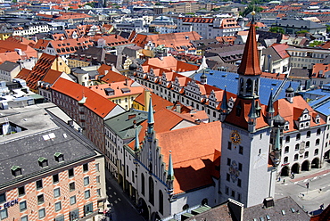 View from the 'Alter Peter' tower, St. Peter, of rooftops, city centre, Old Town Hall, Talburgtor Gate, Heilig-Geist Church, historic centre, Munich, Upper Bavaria, Germany, Europe