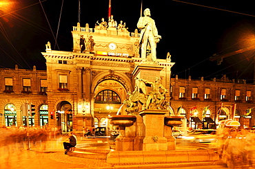 Entrance of the main train station at night, Switzerland, Europe