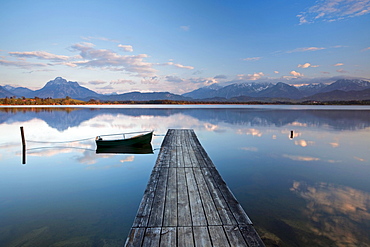 Evening mood at Hopfensee Lake with a view towards the Alps, Hopfensee in Allgaeu near Fuessen, Bavaria, Germany, Europe