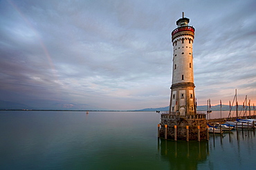 Lindau port entrance in the evening light, lighthouse, Lake Constance, Bavaria, Germany, Europe