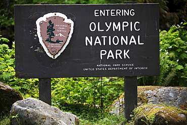 Entrance sign, Olympic National Park, Quinault Area, Washington, USA