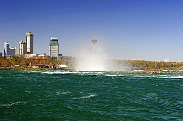 Niagara Falls with the adjacent hotels overlooking the falls on the Canadian side, Ontario, Canada