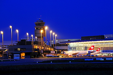 Zurich Airport and check-in hall for all passengers, Terminal A, with finger docks and the tower, Zurich, Switzerland, Europe