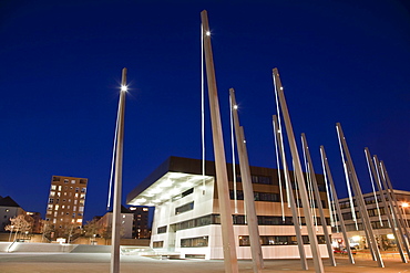 Stadthaus building at night, municipal multi-function building, town hall, adult education centre, architect J. Mayer H. architects, Ostfildern, Baden-Wuerttemberg, Germany, Europe