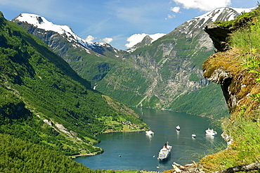 Cruiseship Queen Elizabeth II in Geiranger, Geiranger fjord, UNESCO World Heritage Site, Norway, Scandinavia, Europe