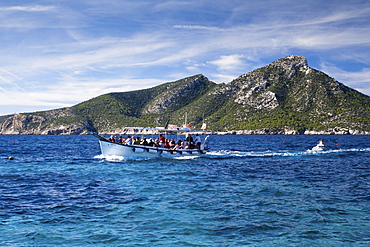 Ship, Margarita, commuting between Sant Elm and the nature and bird sanctuary of Dragon Island, Isla Dragonera, Sant Elm, Majorca, Balearic Islands, Spain, Europe