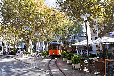 The nostalgic tram Tranvia on the Placa d'Espanya in Soller, Majorca, Balearic Islands, Spain, Europe