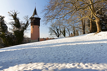 The Schwedenturm tower in winter, Mainau Island, County Konstanz, Baden-Wuerttemberg, Germany, Europe