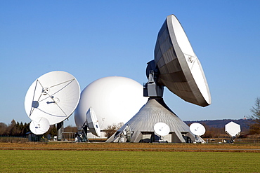 Parabolic antennas of the earth station in Raisting, Bavaria, Germany, Europe