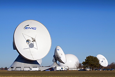 Parabolic antennas of the earth station in Raisting, Bavaria, Germany, Europe