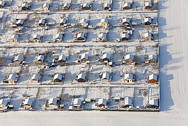 Aerial view, garden plots in the snow, Werler Strasse, Neheim, Hochsauerlandkreis district, North Rhine-Westphalia, Germany, Europe