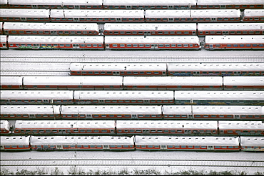 Aerial view, discarded freight cars, snow, freight yard, Hamm, Ruhr area, North Rhine-Westphalia, Germany, Europe