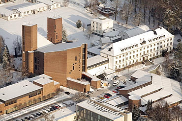 Aerial view, Koenigsmuenster Abbey and the Benedictines' grammar school, snow, Meschede, North Rhine-Westphalia, Germany, Europe