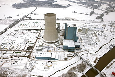 Aerial view, EON Datteln4 power plant, construction freeze, coal power plant, snow, Datteln, Ruhr area, North Rhine-Westphalia, Germany, Europe