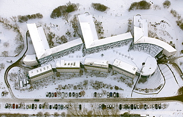 Aerial view, Private University of Witten Herdecke covered in snow, Witten, Ruhr Area, North Rhine-Westphalia, Germany, Europe