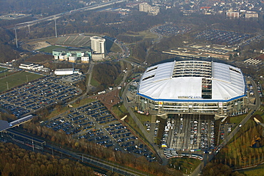 Aerial view, SchalkeArena or Veltins Arena stadium, Schalke against Hoffenheim, roof damage, Gelsenkirchen, Ruhrgebiet region, North Rhine-Westphalia, Germany, Europe