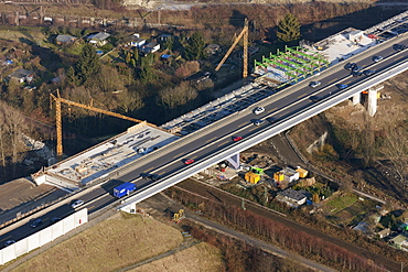 Aerial view, Schnettkerbruecke bridge, Ruhrschnellweg, traffic jam, expansion A40, B1, Dortmund, Ruhrgebiet region, North Rhine-Westphalia, Germany, Europe