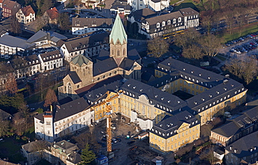 Aerial view, Folkwang University of the Arts, in Essen-Werden, Abtei Werden abbey, renovation of the university Essen, Ruhrgebiet region, North Rhine-Westphalia, Germany, Europe