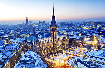 Town hall and Christmas market at dusk, Hamburg, Germany, Europe